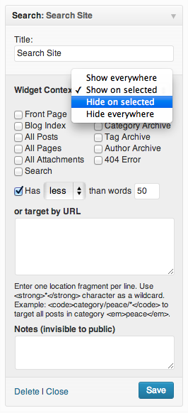 Afficher ou cacher les widgets dans les pages wordpress